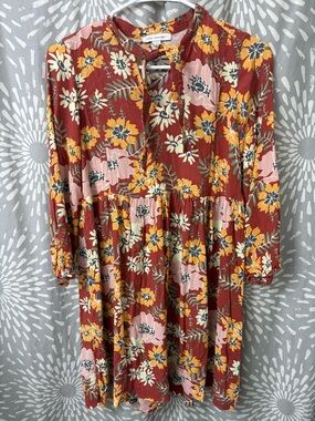 Rust Floral Babydoll Dress with Pink & Yellow Blooms